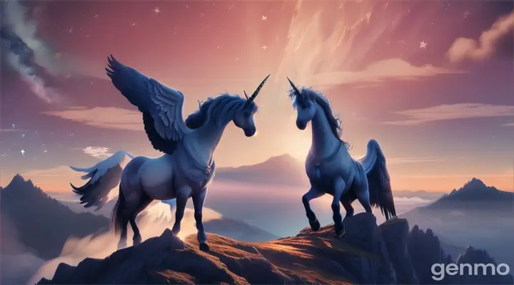 A pair of winged unicorns silhouetted against towering mountain ranges, with starry skies above and shimmering mist below