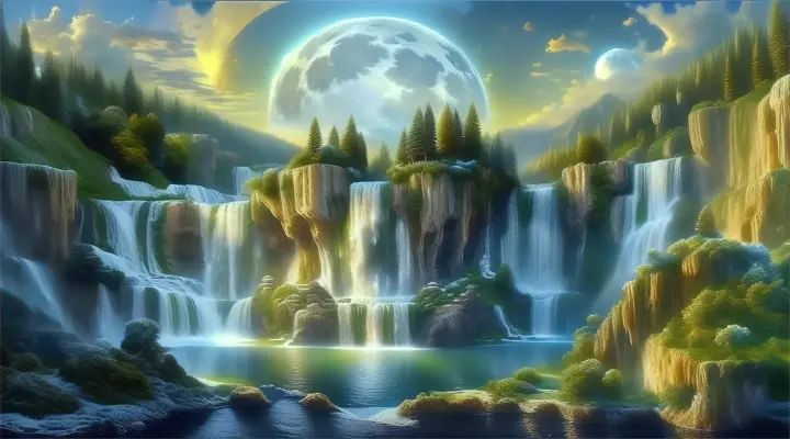 a painting of a waterfall with a full moon in the background