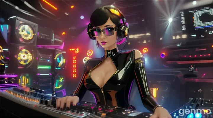 A slender woman with shapely hips and a larger bust than usual, wearing steampunk glasses, shiny headphones and a low-cut latex swimsuit, stands near a DJ mixing console and an electric piano in a steampunk club. Minimal clothing. Laser beams of bright colors against the background of large television screens. "FPV drone shot"