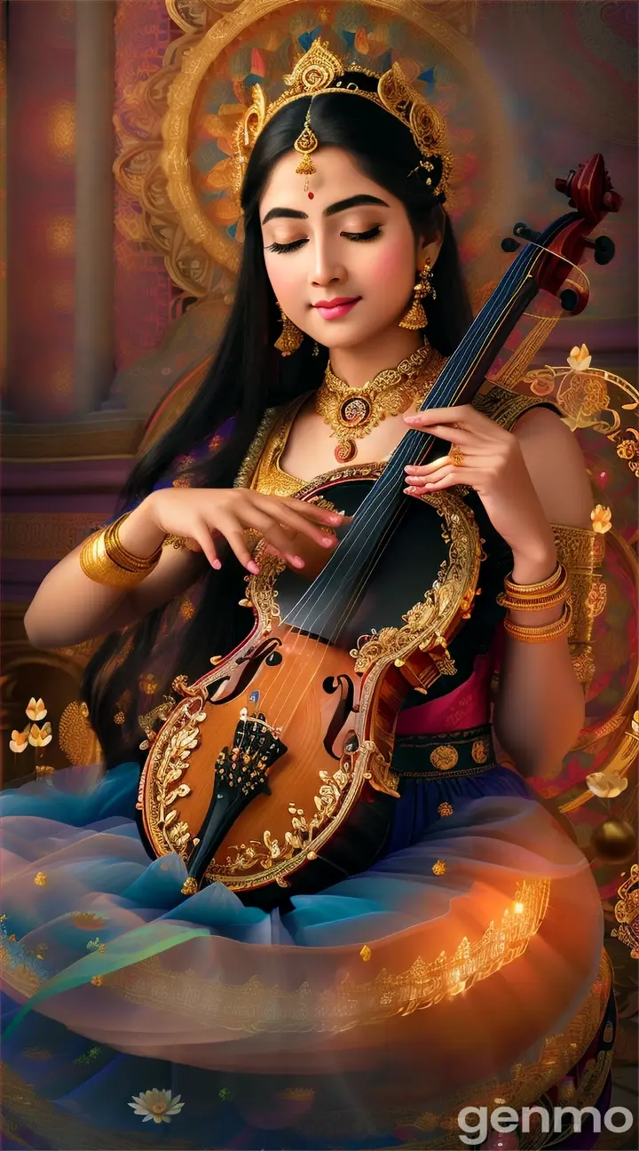 A hyperrealistic image of a celestial goddess playing a traditional string instrument like the veena, standing in a heavenly garden surrounded by glowing lotuses. Her ornate golden jewelry sparkles in the sunlight, with intricate patterns visible on her silk attire, every thread reflecting in detail. 9:16