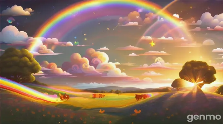 Here’s a detailed prompt for the song imagery:

"A magical, cartoonish landscape filled with playful children in a bright, sunny meadow. Butterflies are fluttering around, and a beautiful rainbow arches across the sky. The children are smiling, playing with balloons, and some are skipping along happily. There’s a giant glowing sun in the background, casting a warm golden hue, while fluffy, animal-shaped clouds float above. The scene transitions from day to evening with stars twinkling faintly and a soft moon visible. Birds are flying in the distance, adding a touch of wonder to this joyful and imaginative setting."