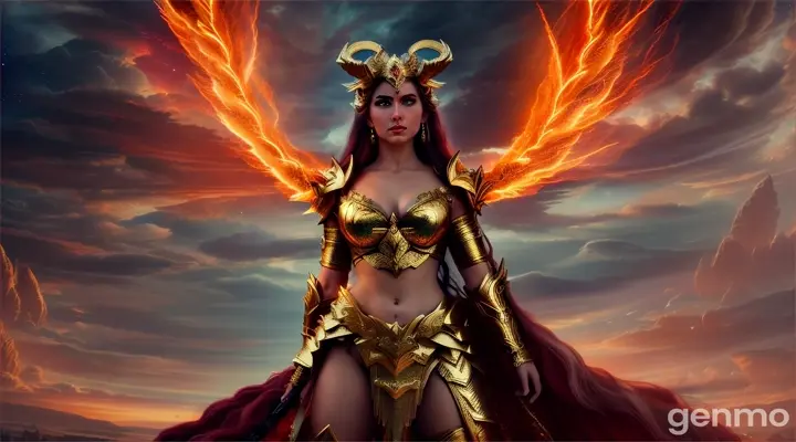 A mythological scene depicting a celestial goddess in the middle of an epic battle against demons. Her shimmering armor and flowing garments reflect the light of a fiery sky, and her glowing weapon radiates divine power, with detailed expressions of determination.