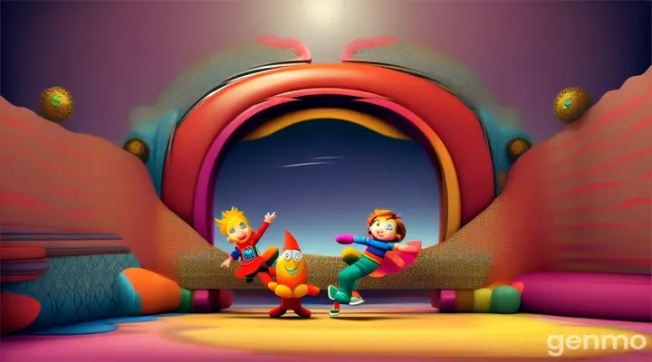 cartoon characters playing in colorful background