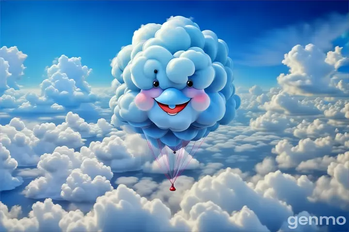 a blue cloud with a smiling face floating in the sky