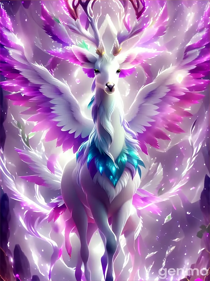 a painting of a white deer with purple wings