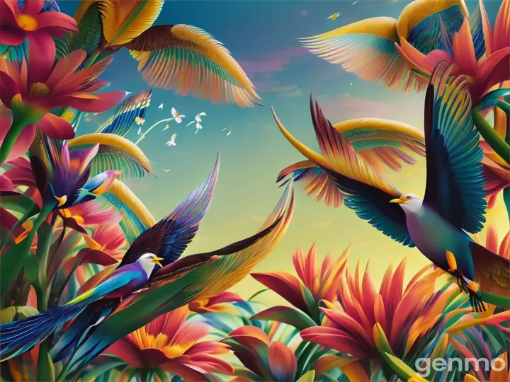 Two birds of paradise soaring above a garden of exotic, vibrantly-colored flowers