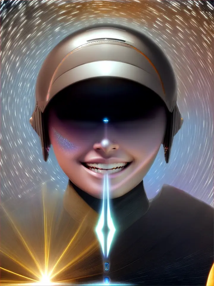 a futuristic interstellar woman from a far future technological civilization pilots a futuristic interstellar starship towards a black hole event horizon looking happy with a smile on her face and winks with one eye as the digital instruments on her spaceship flashes, hyper realistic, ultra detailed, photorealistic accuracy, cinematic style