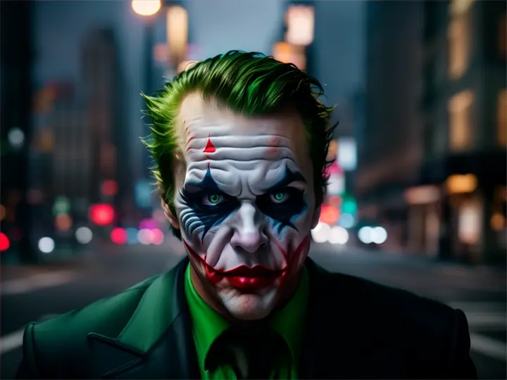 A closeup the joker walking through streets of new york, stunning photo, moody aesthetic, at night, city lights in background. surreal, 8k, hipereallistic 