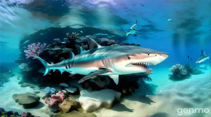 a shark swimming over a coral reef in the ocean