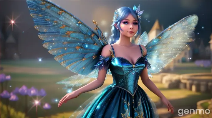 creation of a   blue sparkling fairy with shimmering wings    standing near village in large area  and do magic  16:9