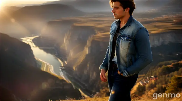 etting: The video opens with a wide shot of a serene mountain landscape, the sky painted in warm hues of pink and orange as the sun rises. Beautiful rolling hills surround the scene, with a small lake reflecting the soft morning light. The backdrop is breathtaking, symbolizing the peacefulness before the emotional storm.
Hero: A handsome, stylish man dressed in a classic jeans jacket and dark jeans stands at the edge of a cliff, his hands in his pockets, looking into the distance with an expression of deep sorrow. His hair blows slightly in the gentle breeze, adding to his rugged charm.
Music starts softly, and the camera zooms in on his face, revealing his sadness and emotional turmoil.