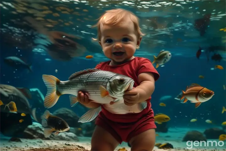 a baby is holding a fish in the water