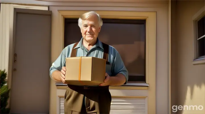 Marty's father entering the house with the puppet wrapped in a box, handing it to an excited Marty. She unwraps it with joy.