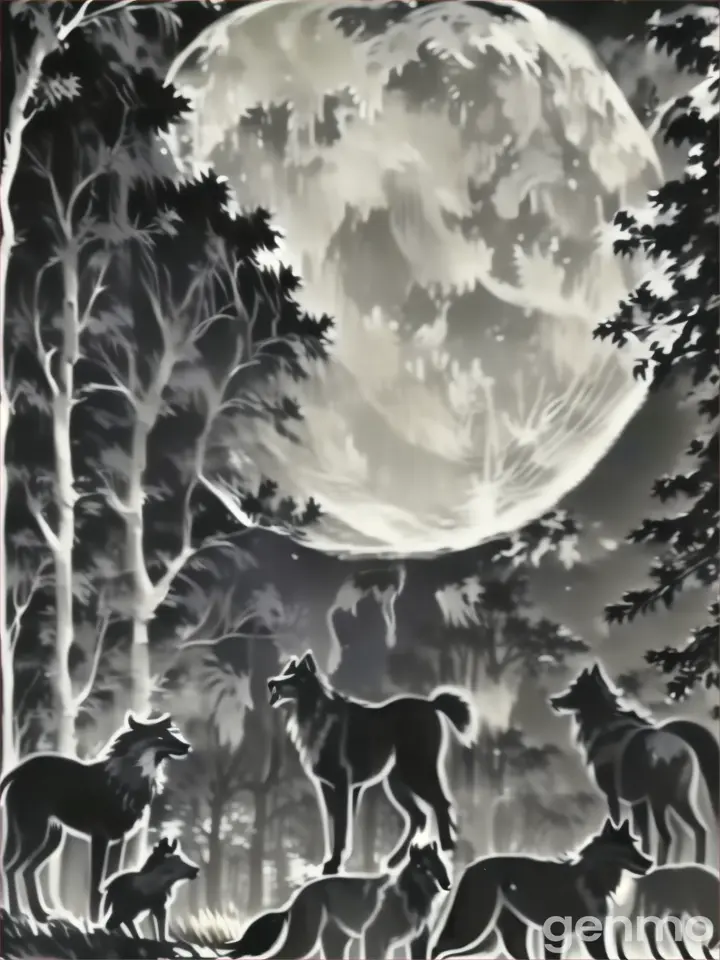 a black and white photo of three wolfs in the woods