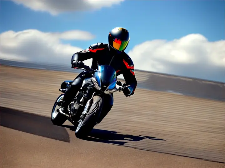 A daring stuntman in a sleek black leather suit and helmet performs an exhilarating trick on a powerful motorcycle, soaring off a steep ramp. The scene captures the moment of flight, with the motorcycle angled dramatically in mid-air against a backdrop of a bright blue sky dotted with fluffy white clouds. Below, a cheering crowd watches in awe, with colorful banners fluttering in the breeze. The sunlight glints off the chrome of the motorcycle, highlighting the adrenaline-fueled excitement of the stunt.