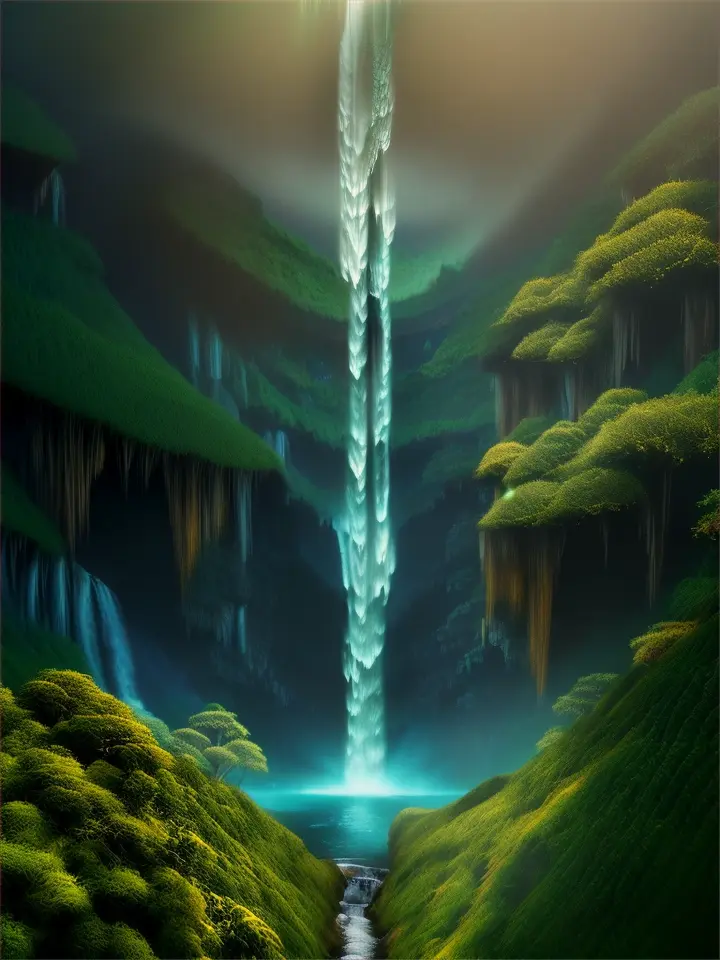 A majestic waterfall cascades down a lush forest valley with a mysterious feline and glowing fungi engrossed in a journey to the mystical lands beyond