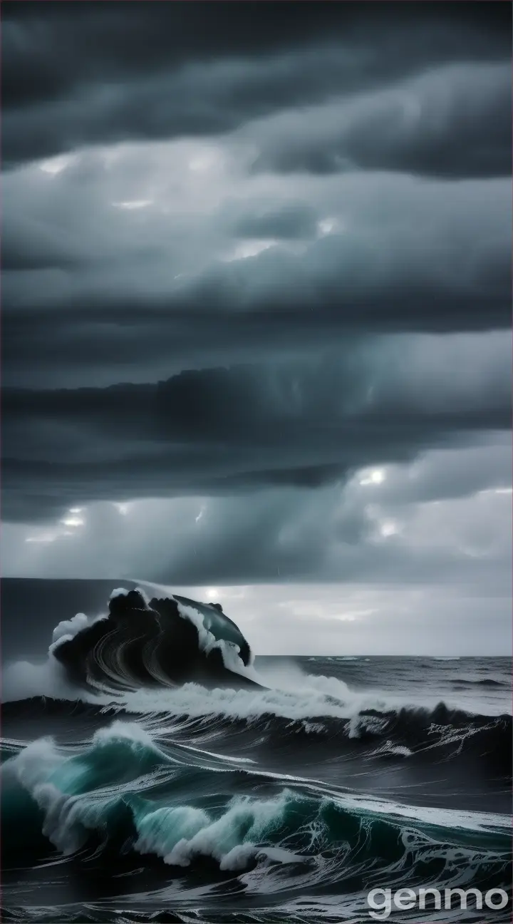 The sky with black clouds and rain, the sea is full of waves and turbulent