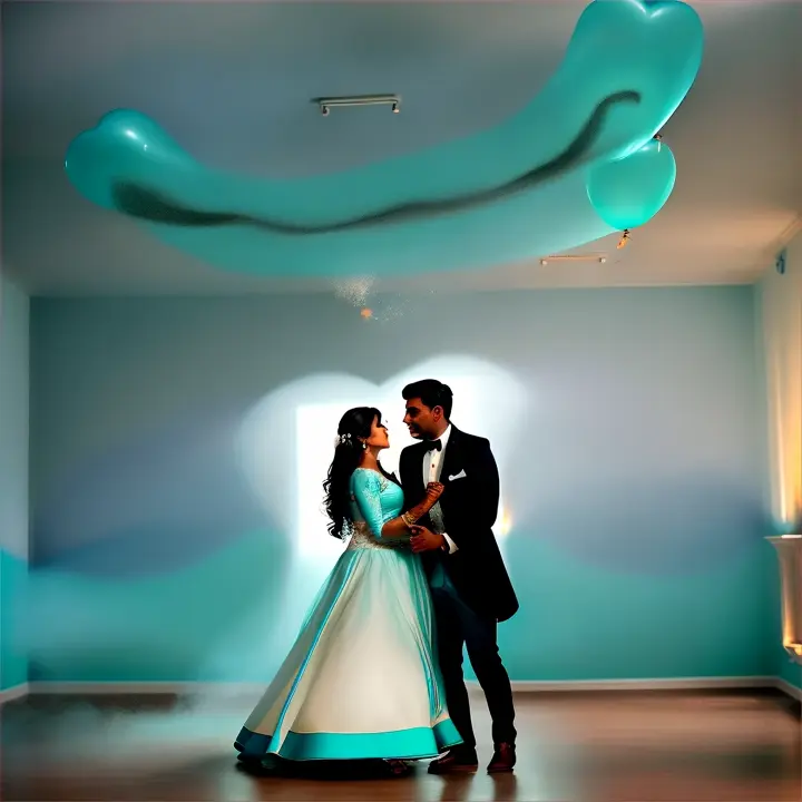 Create a realistic, cinematic video of indoor light blue painted walls marriage hall full of mist smoke flowing on air different color heart shaped balloons flying from floor to ceiling in several places of marriage hall,one Smart looking dark brown skin Messy waves black hair , five hair floating front of face,ultrathin slim body south indian Tamil man wearing full sleeve shinning cyan color  coat with white shirt full sleeve shinning cyan color full sleeve pant woodland shoes on legs dancing in a Three feet gap with his two Tamil south indian wife's,first wife is fair skin, round face,beautiful face chubby cheeks, black hair tied up ,small Lotus flower is fixed in black full head covered ribbon Hair bow,with Plus size woman, wearing Full sleeve golden, silver rainbow theme coat black shirt, , big hip, white with black mixed knock length shorts Adidas shoes on legs, second wife Tamil south indian, little fair,long face, ultrathin slim body,black long hair,wearing Full sleeve pajama without dupata full sleeve white color leggings, Adidas shoes on legs