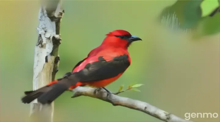 a red and black bird sitting on a tree branch