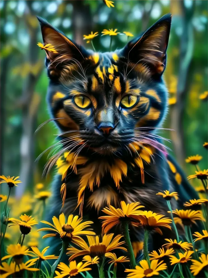 Intense, glowing-eyed cat with bumblebee stripes standing in a field of daisies as the sun sets behind it, casting a soft golden glow