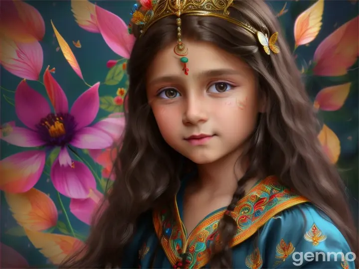 A long-haired Slavic-looking boy with a tilaka on his forehead sings and openly looks into the camera against a backdrop of temples and fluttering flowers and colorful, bright silk fabrics, with butterflies fluttering around.