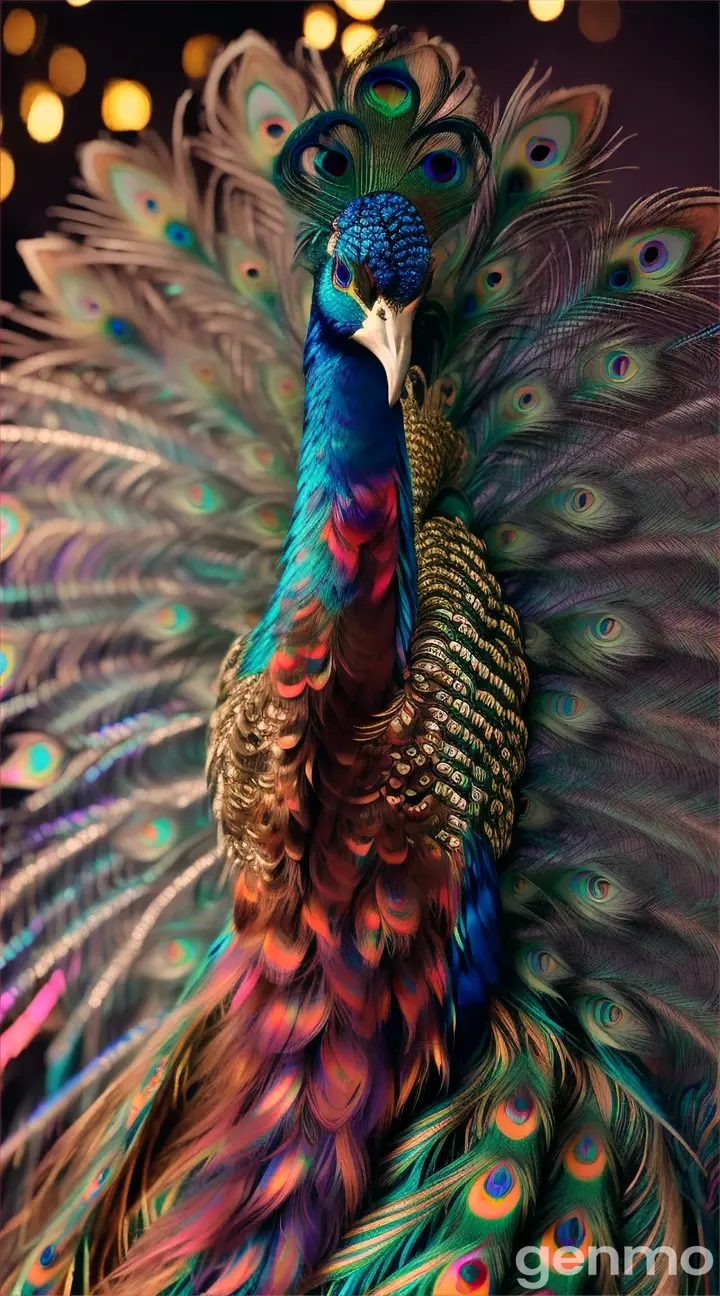 A peacock donning a fantastic costume in a swirling fantastical scene filled with twinkling lights and iridescent tinsel.