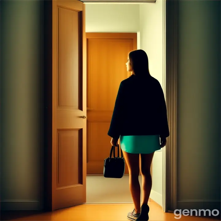 a woman standing in front of an open door