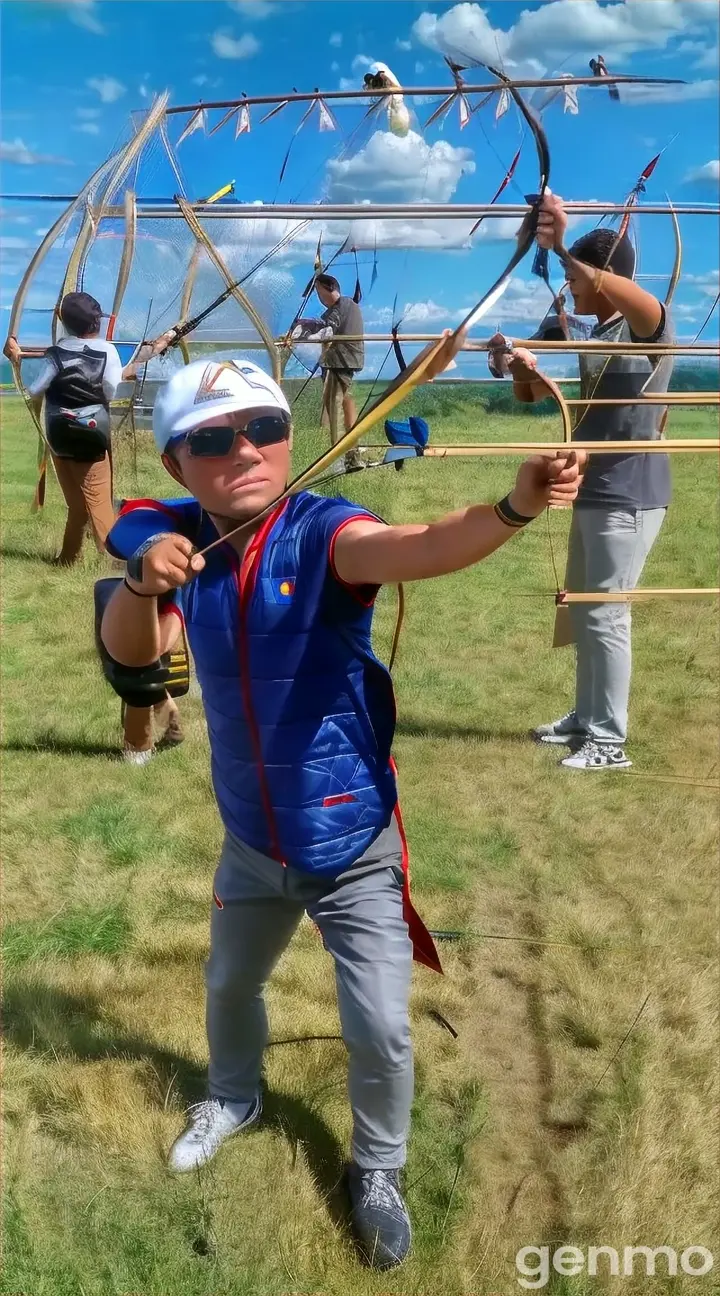 bow, cloud, sky, arrow, bow and arrow, field archery, archery, grass, grassland, recreation