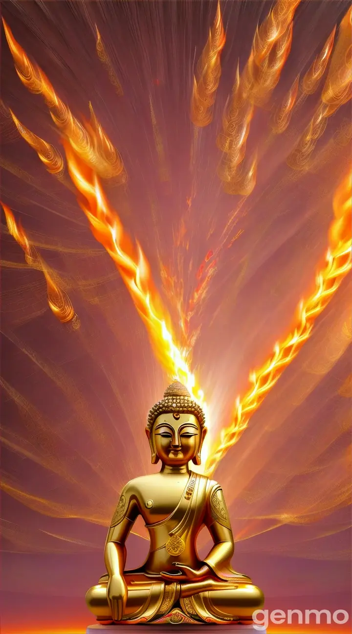 Buddha with Flaming Aura and Wealth of the Skies
"A magnificent Buddha figure, surrounded by a glowing aura of fire, calmly meditating as a storm of money cascades from the sky. The flames burn gently around him, while coins and bills tumble through the glowing air, filling the scene with both spiritual energy and material abundance. The sky is painted with soft reds and oranges, matching the heat of the flames." 9:16