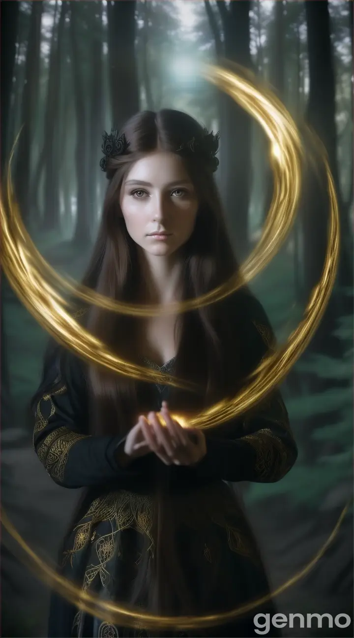 A woman with long hair, magic circles swirling around her in the dark night