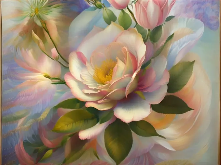 A stunning painting by Pierre Joseph Redouté featuring Rosa Bengal the Hymenæa, also known as Rosa Centifolia. The rose isbeautifully depicted in full bloom, with delicate petals revealing a rich, layered texture. The background showcases a soft, muted color palette, creating a sense of depth and contrast. The composition is an exquisite tribute to the art of botanical illustration, capturing the essence of this iconic flower in its exquisite detail and vibrancy., 3d renderLess
