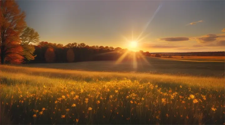 A cinematic scene featuring a serene autumn meadow illuminated by the sun's rays. A magical mix of autumn wildflowers, gently swaying tall grasses and the setting sun. Against a backdrop of warm colors of yellow, orange and green. The soft shadows evoke the serenity of an autumn day, while the light of the setting sun blends harmoniously into the meadow.