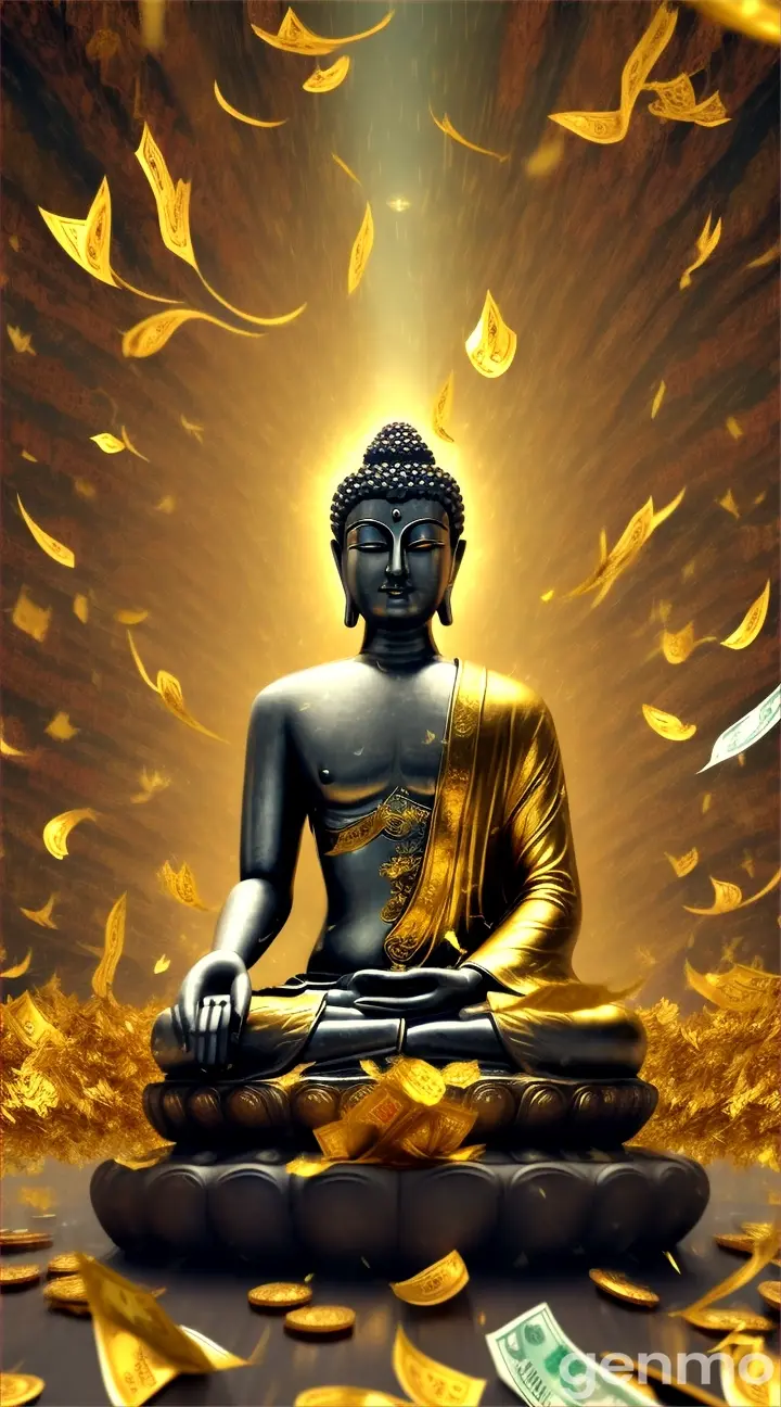 Buddha Meditating with Golden Money Waving in the Wind
"The Buddha is sitting in an open field. As the wind blows gently, golden money falls from the sky, fluttering like leaves. Coins and bills carried by the wind float around the Buddha, creating a scene of wealth, meditation, and tranquility in nature." 9:16