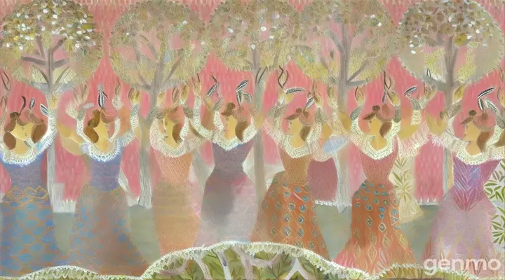 a painting of a group of women standing in front of a tree