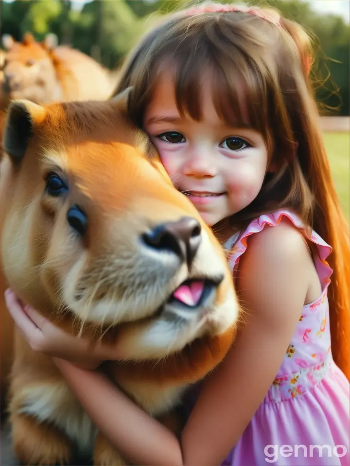 A cute little girl hugs a big capibara