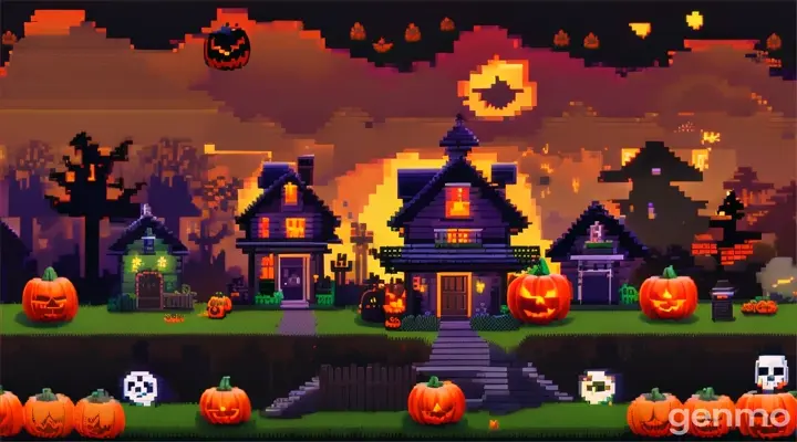 a pixel art halloween scene with ghosts and a house