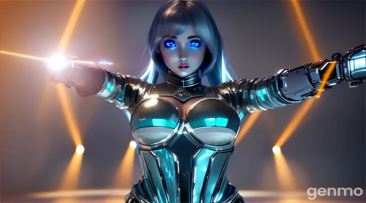 Disco, dance floor, dancing girls and guys, in front of a robot girl in a silver-blue voluminous costume with jewelry, colored earrings, bracelets on her hands, long dark hair developing in motion. Mirrored ball lights sparkle and shimmer across walls and ceiling, floor sparkles with flashes of lights, drive, crisp movements, clear eyes, colorful light beams, neon signs, natural colors, bright colors, intricate details, high detail, realistic, cinematic, studio photography, wide angle lens, half body shot, sharp focus, best shadow, depth of field, super realistic detailed lighting, volumetric lighting, cinematic lighting, dramatic lighting, light rays, movie, 8k, hdr, high resolution