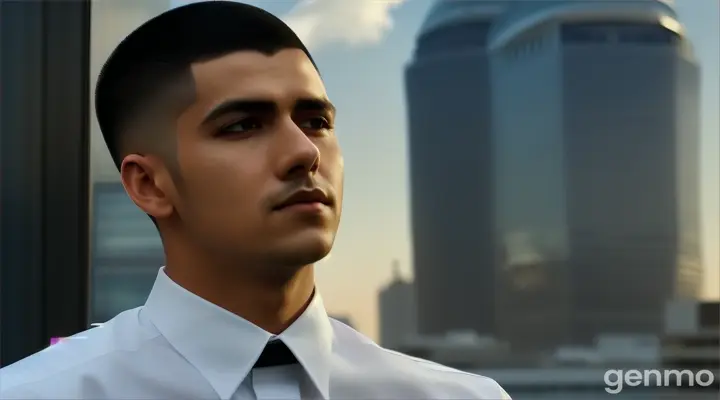 at the rooftop, a man with Skin fade Buzz cut black hair in white long sleeve formal shirt looking up at the sky kneeling down at the roof top with a city in the background talking to someone