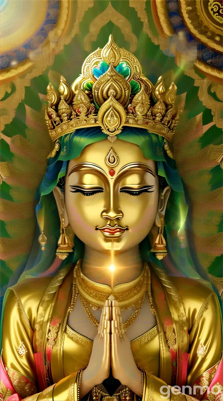"A majestic Buddha, dressed in elaborate and luxurious robes, adorned with golden embroidery and vibrant colors. His forehead glows with a radiant light, symbolizing enlightenment and wisdom. Buddha's hands are clasped together in a traditional prayer position (anjali mudra), and from His palms, beautiful green and golden flames rise, representing spiritual energy and divine power. The scene is set against a backdrop of swirling mystical light and ethereal auras, creating an atmosphere of serenity and spiritual transcendence." 9:16