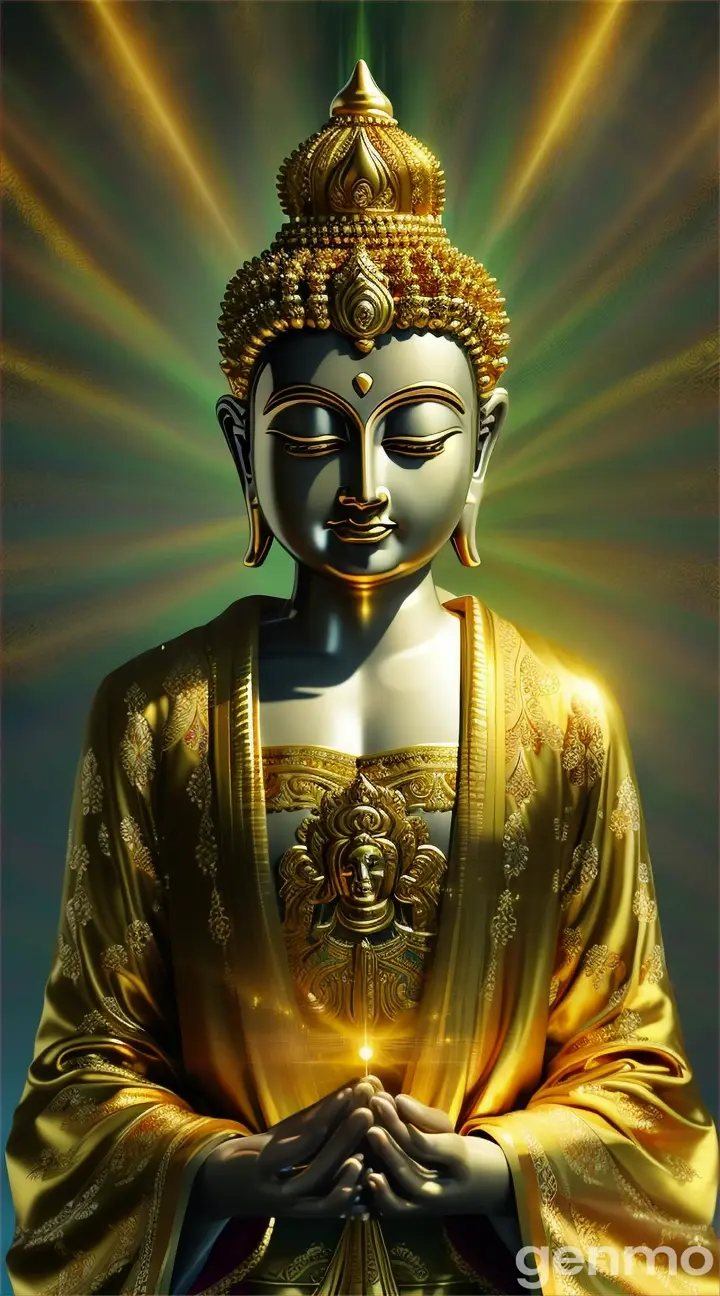 "Buddha, dressed in luxurious, golden-embroidered robes, stands in a calm yet powerful stance. His forehead glows with a soft, radiant light. His hands, clasped together in a gesture of prayer, are enveloped by mystical green and golden flames that rise gracefully from his palms. The background features an ethereal, glowing aura with swirling light and spiritual energy." 9:16