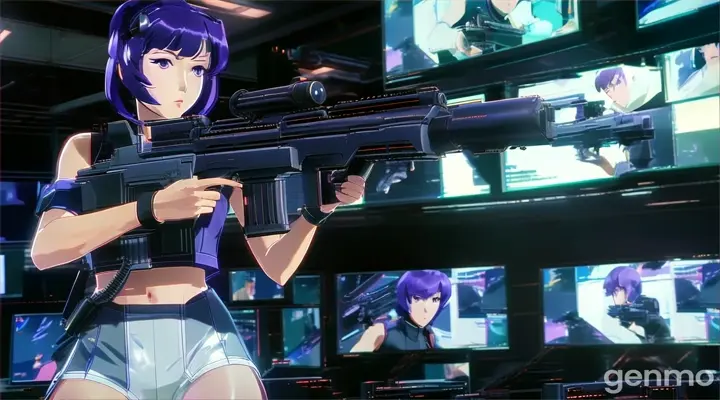 Motoko Kusanagi shooting with a gun in a room full of monitors