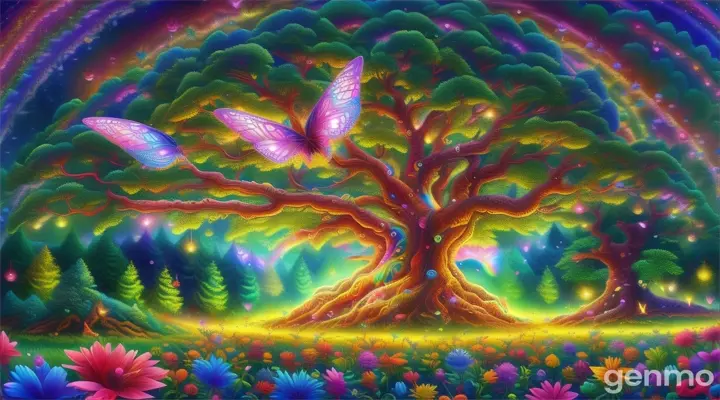 a painting of a tree with a rainbow in the background