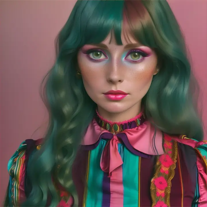 Ultra realista A cinematic, wide-shot view of a 1968-inspired sicodelia barroco woostock outfit traje de chaqueta y pantalón con rayas verticales en colores verde oscuro, granate y azul con una blusa de chorreras en el cuello de color rosado, the 'strawberry makeup' makeup is characterized by the use of blush in pink tones on the cheeks, lips with a fresh, and natural effect finish with freckles, estilo background texture set with Mia Farrow muy humana ultra realista en acción creando un escenario de magia y malabarismo long hair, long bangs; a top hat; ojos ultra realista con color de ojos realista, rostro, piel ultra realista y muy naturales , and Pink Floyd band music-style magical effects, movimientos dinámicos