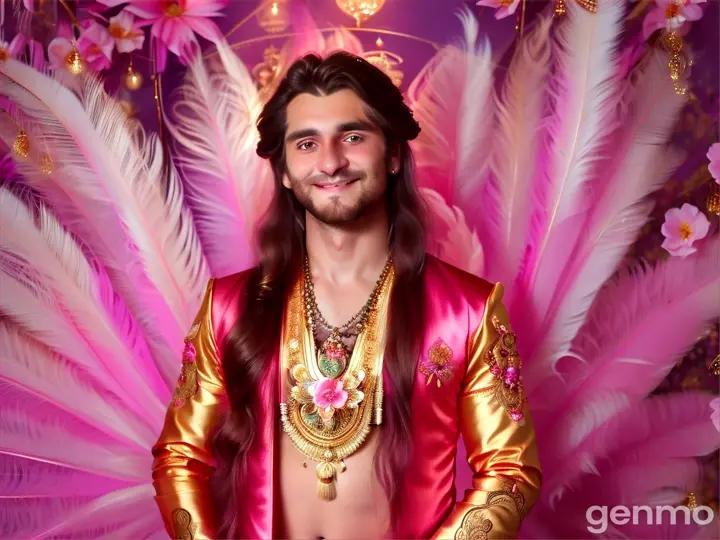 A young Slavic-looking guy, thin, long-haired, in transparent pink-golden long-sleeves in the style of Bhagavan Rama, smiles and openly looks into the camera against the backdrop of temples and fluttering flowers and colorful bright silk fabrics, and peacock feathers flutter around.