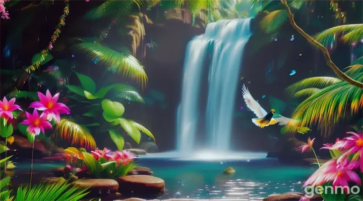 A bird flying near a mystical, magical waterfall in a hidden jungle, surrounded by vibrant plants and flowers