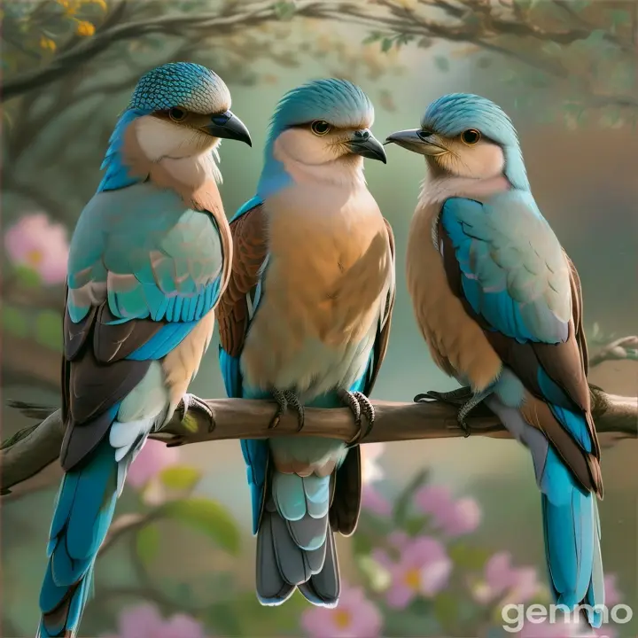 3 European Roller bird surrounded by vintage botanicals, with a soft and muted color palette