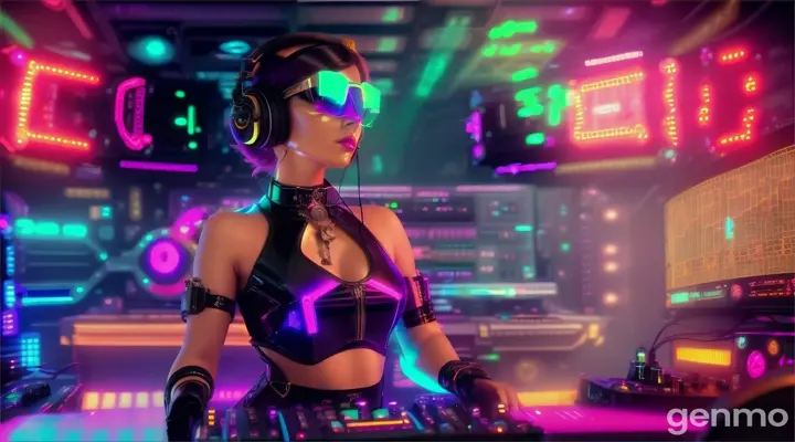 A slender woman with shapely hips and a larger bust than usual, wearing steampunk glasses, shiny headphones and a low-cut latex swimsuit, stands near a DJ mixing console and an electric piano in a steampunk club. Minimal clothing. Laser beams of bright colors against the background of large television screens. "FPV drone shot"