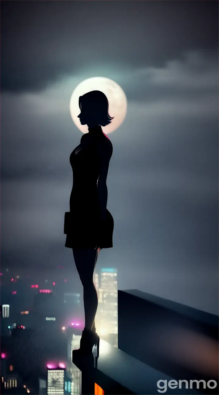 Moon, A silhouette of femme fatale standing at the edge of a rooftop overlooking a rainy, neon cityscape