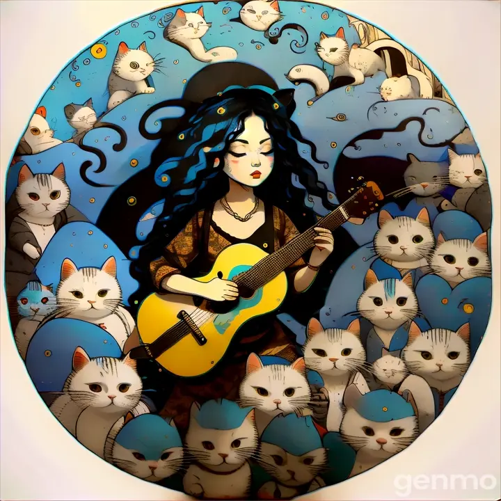 Woman playing guitar, stylized cats listening in a Deco venue, with jazz-era elements: cigarette holder, long gloves, etc.