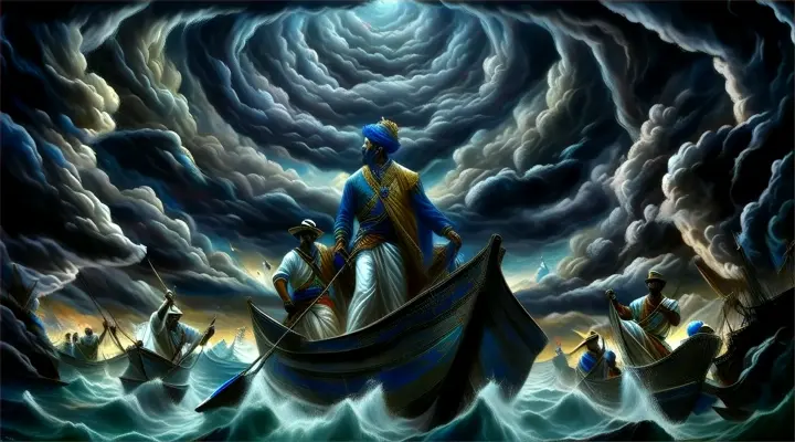 a painting of a man on a boat in a storm